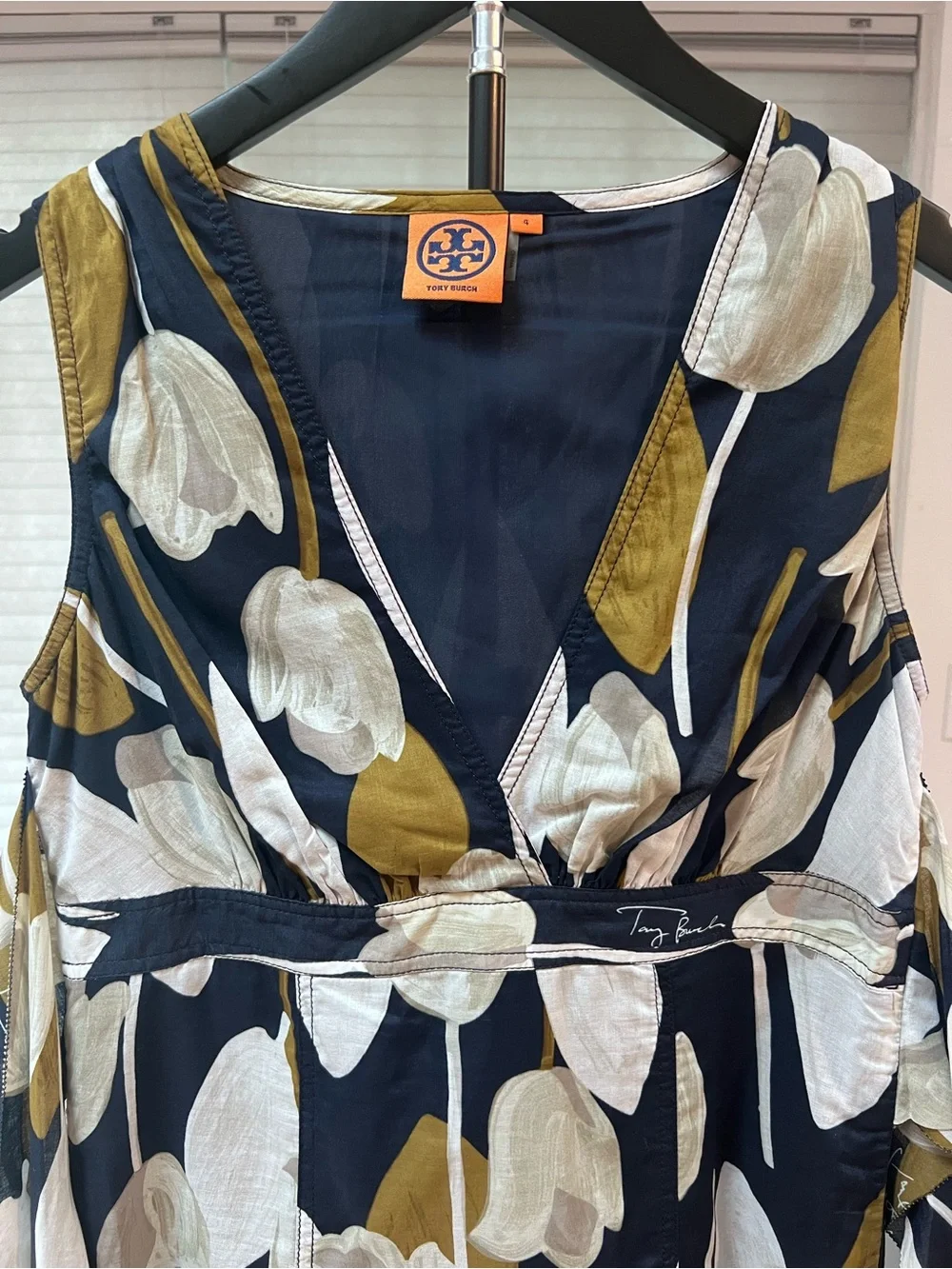 Tory Burch Sleeveless Floral Navy/Ivory Tulip Print Dress Tie Waist Size 4